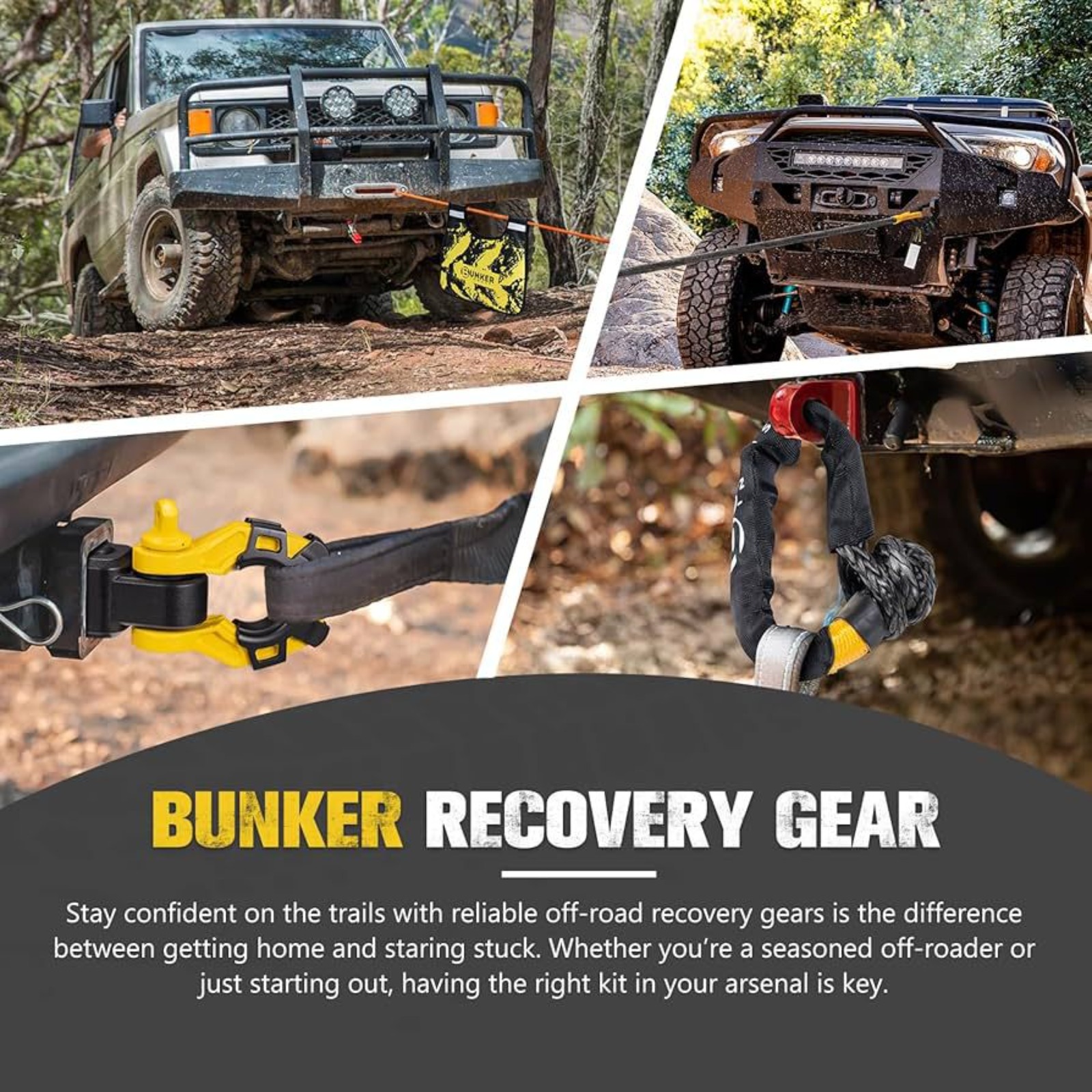 BUNKER INDUST 1"×30ft Kinetic Recovery Rope + 2 Soft Shackles + Recovery Ring + Shackle Hitch Receiver + Winch Dampener + Gloves + Carry Bag