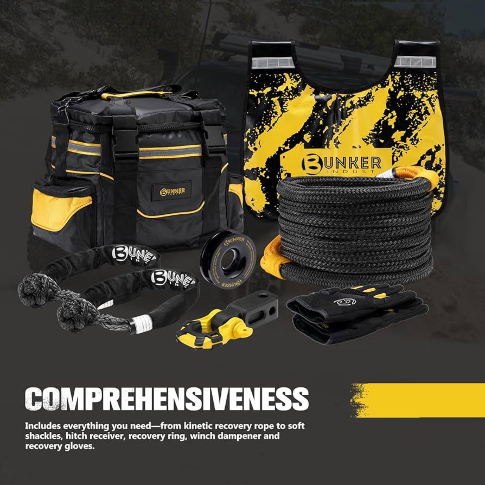 BUNKER INDUST 1"×30ft Kinetic Recovery Rope + 2 Soft Shackles + Recovery Ring + Shackle Hitch Receiver + Winch Dampener + Gloves + Carry Bag