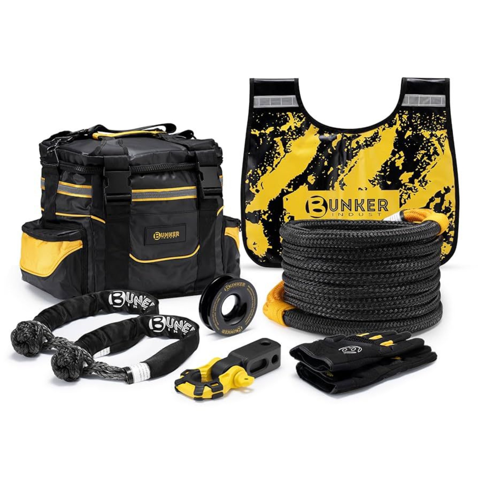 BUNKER INDUST 1"×30ft Kinetic Recovery Rope + 2 Soft Shackles + Recovery Ring + Shackle Hitch Receiver + Winch Dampener + Gloves + Carry Bag