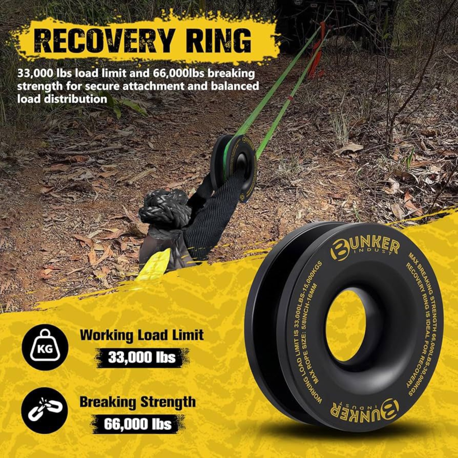 BUNKER INDUST 1"×30ft Kinetic Recovery Rope + 2 Soft Shackles + Recovery Ring + Shackle Hitch Receiver + Winch Dampener + Gloves + Carry Bag