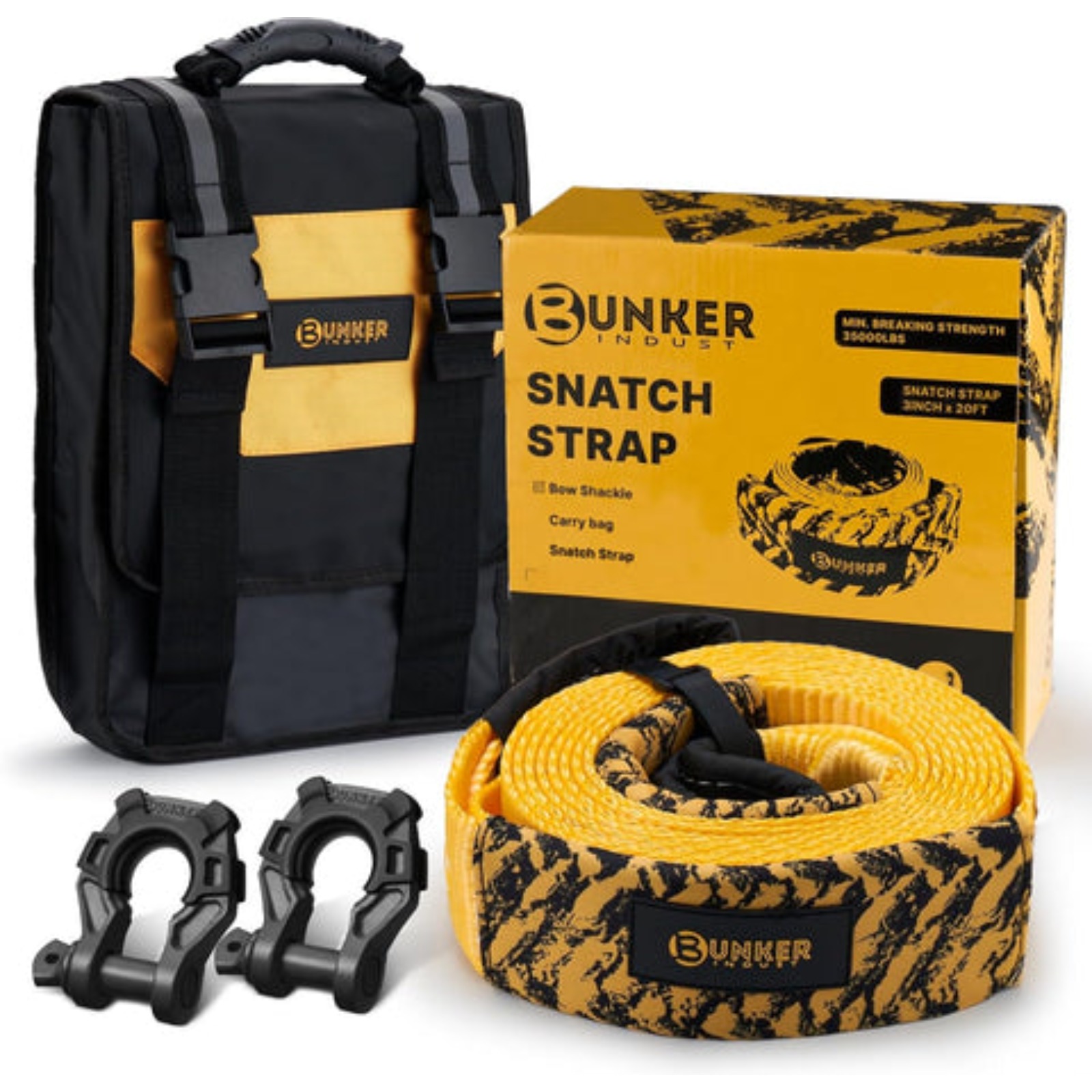 BUNKER INDUST 3″ × 20 ft Recovery Straps (2-Pack) + ¾″ D-Ring Shackles & Carry Bag — 35,000 lb (15,875 kg) Tow Rating