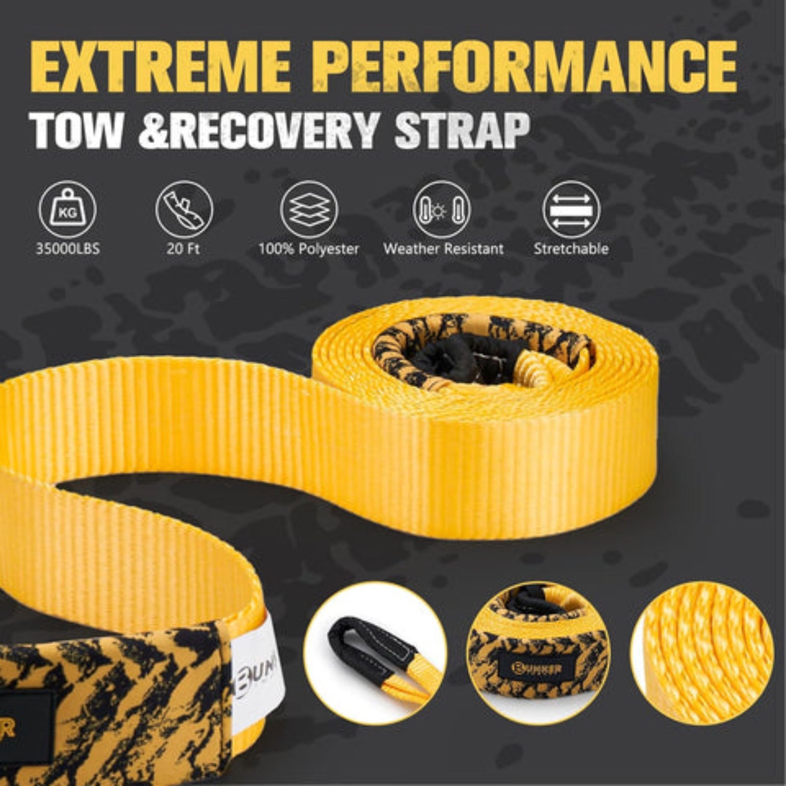 BUNKER INDUST 3″ × 20 ft Recovery Straps (2-Pack) + ¾″ D-Ring Shackles & Carry Bag — 35,000 lb (15,875 kg) Tow Rating