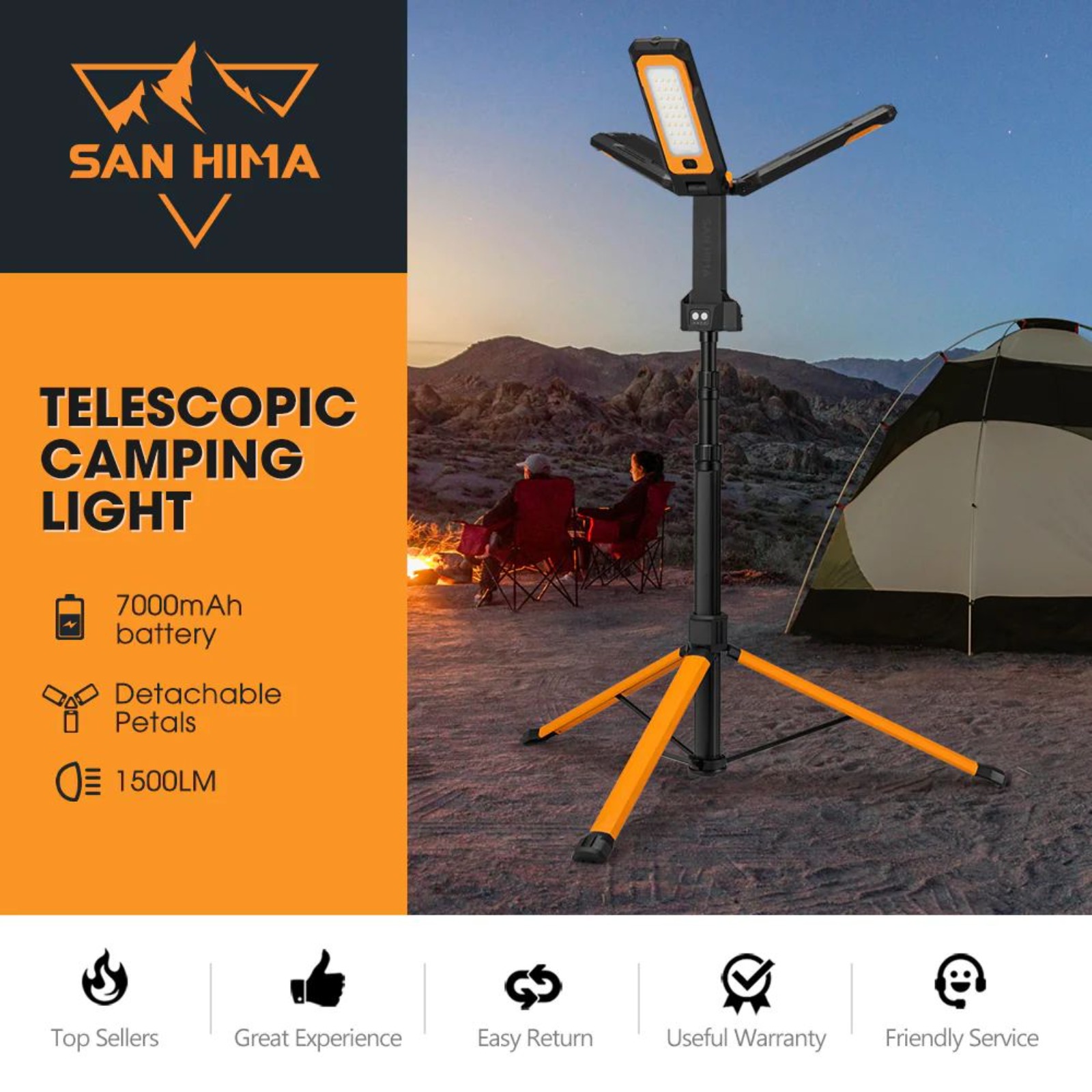 SAN HIMA Portable Lithium LED Tripod Light 1,500 Lumens (Rechargeable Camping Light)