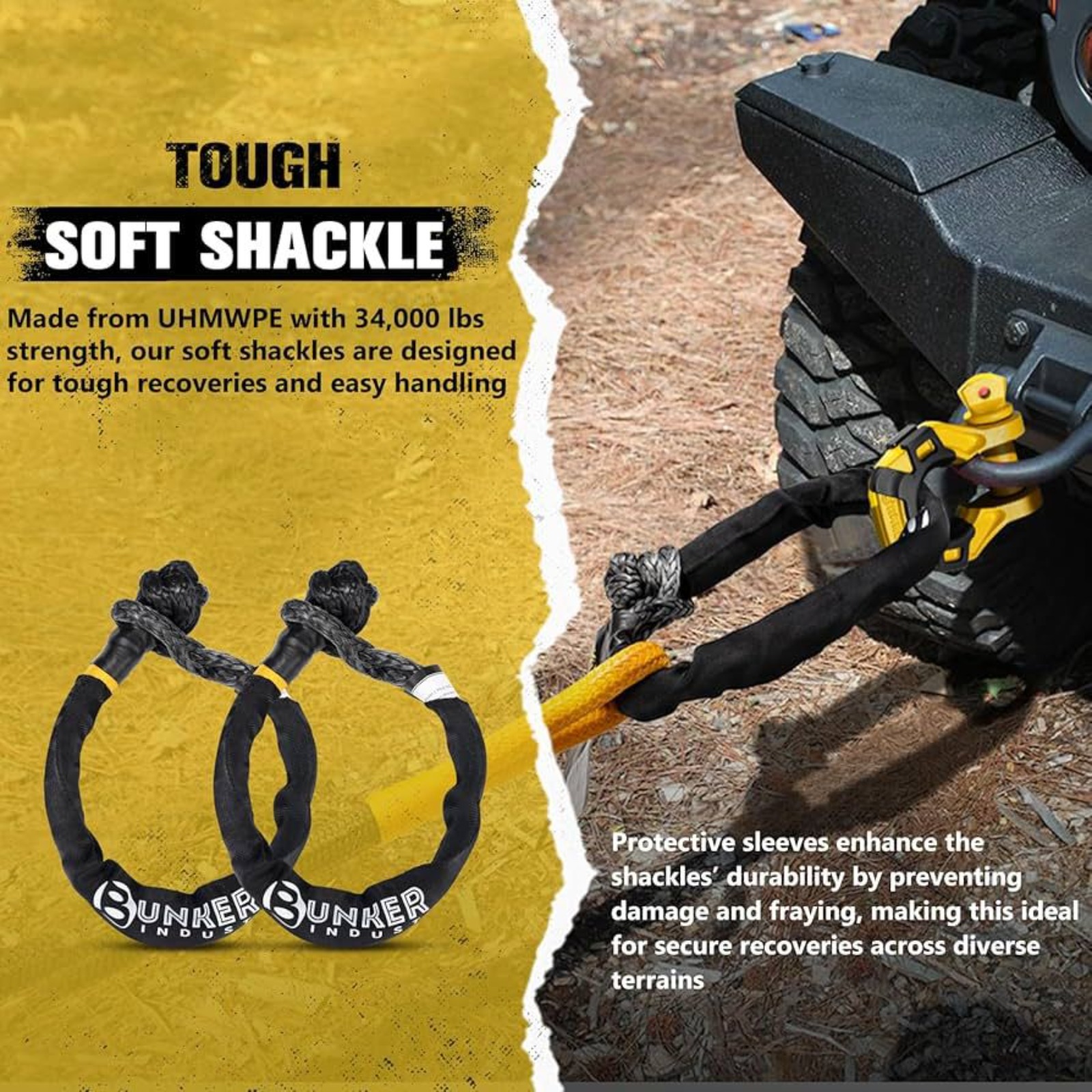 BUNKER INDUST 1"×30ft Kinetic Recovery Rope + 2 Soft Shackles + Recovery Ring + Shackle Hitch Receiver + Winch Dampener + Gloves + Carry Bag